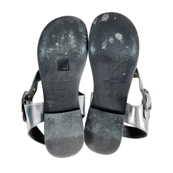 Saint Laurent Ankle Strap Silver Leather Flat Sandals - Picture 10 of 11
